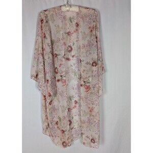 Adora Kimono M Women's Pink Floral 3/4 Sleeve Open Front Sheer Lightweight